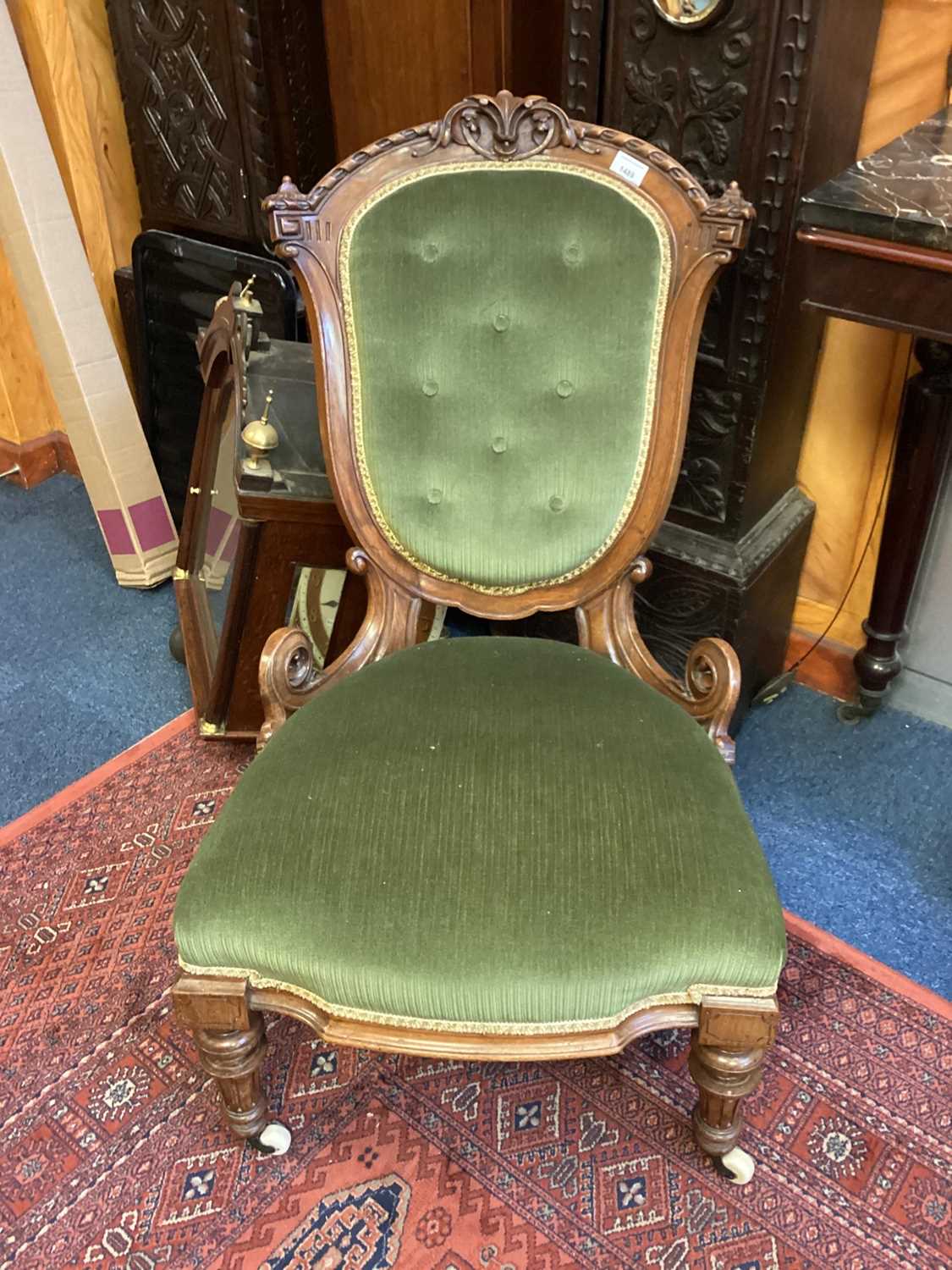 Lot 1489 - Victorian walnut green velvet upholstered nursing chair (in reception)