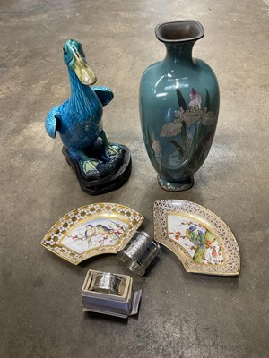 Lot 163 - Japanese cloisonne vase, Chinese porcelain duck figure, silver napkin rings and side dishes