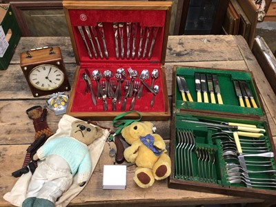 Lot 53 - Sundry items, including two canteens of cutlery, a clock, bears, etc