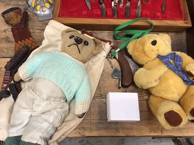Lot 53 - Sundry items, including two canteens of cutlery, a clock, bears, etc