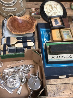 Lot 33 - Sundry items, including a group of silver plate, an enamelled dressing table set, a framed scene of the crucifixion in relief, board games, a Georgian silhouette, etc