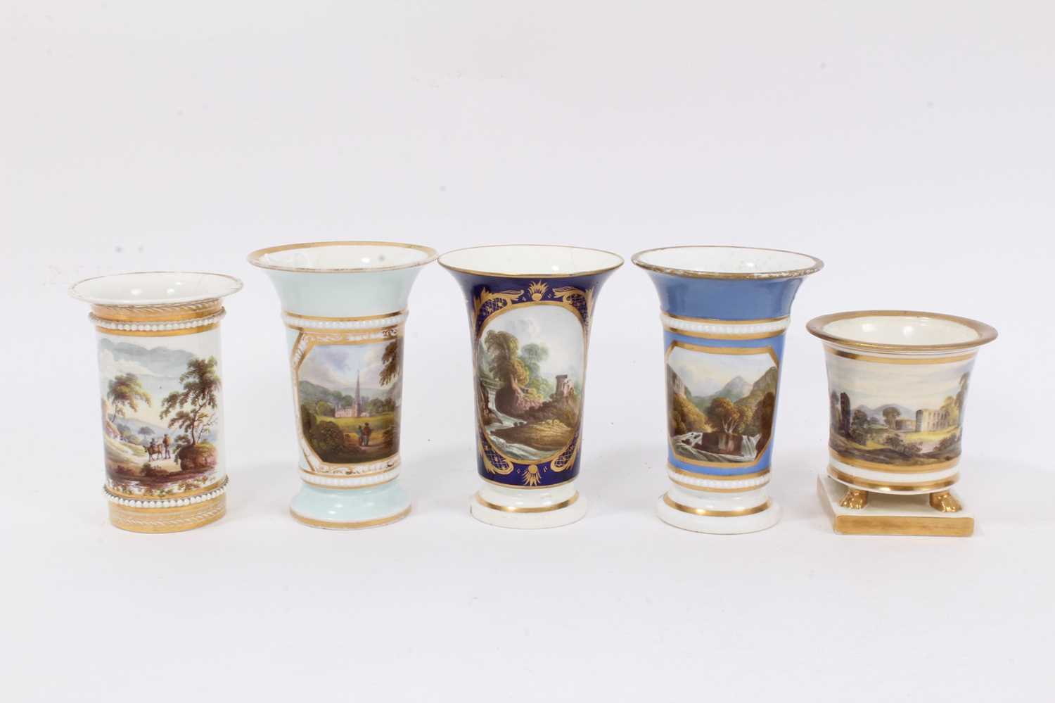 Lot 301 - Four Derby spill vases, and a Miles Mason spill vase, on paw feet