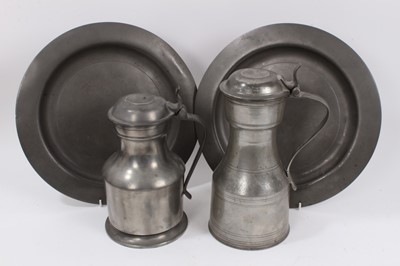 Lot 997 - Pair of 18th century broad rimmed pewter plates and two pewter flagons