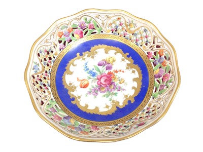Lot 263 - Dresden pierced round dish, painted with flowers