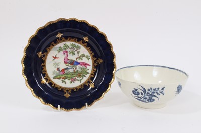 Lot 308 - Worcester plate, painted with exotic birds, circa 1770, and a Worcester blue printed bowl