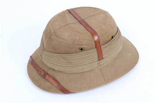 Lot 559 - British Military khaki pith helmet with brown...