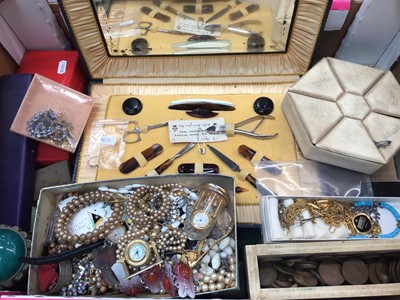 Lot 1160 - Group of costume jewellery, vintage cased manicure set, coins and sundries