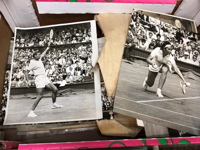 Lot 36 - Group of press photographs including of Wimbledon / tennis interest, album of greetings cards, Olympus Trip camera and an old rattle