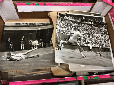 Lot 36 - Group of press photographs including of Wimbledon / tennis interest, album of greetings cards, Olympus Trip camera and an old rattle