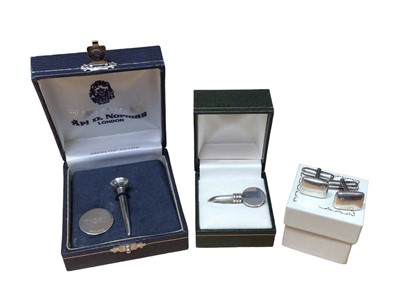 Lot 12 - Silver golf tee and ball marker in fitted presentation box, silver napkin clip and a pair of silver and diamond cufflinks, together with a silver mounted cut glass inkwell