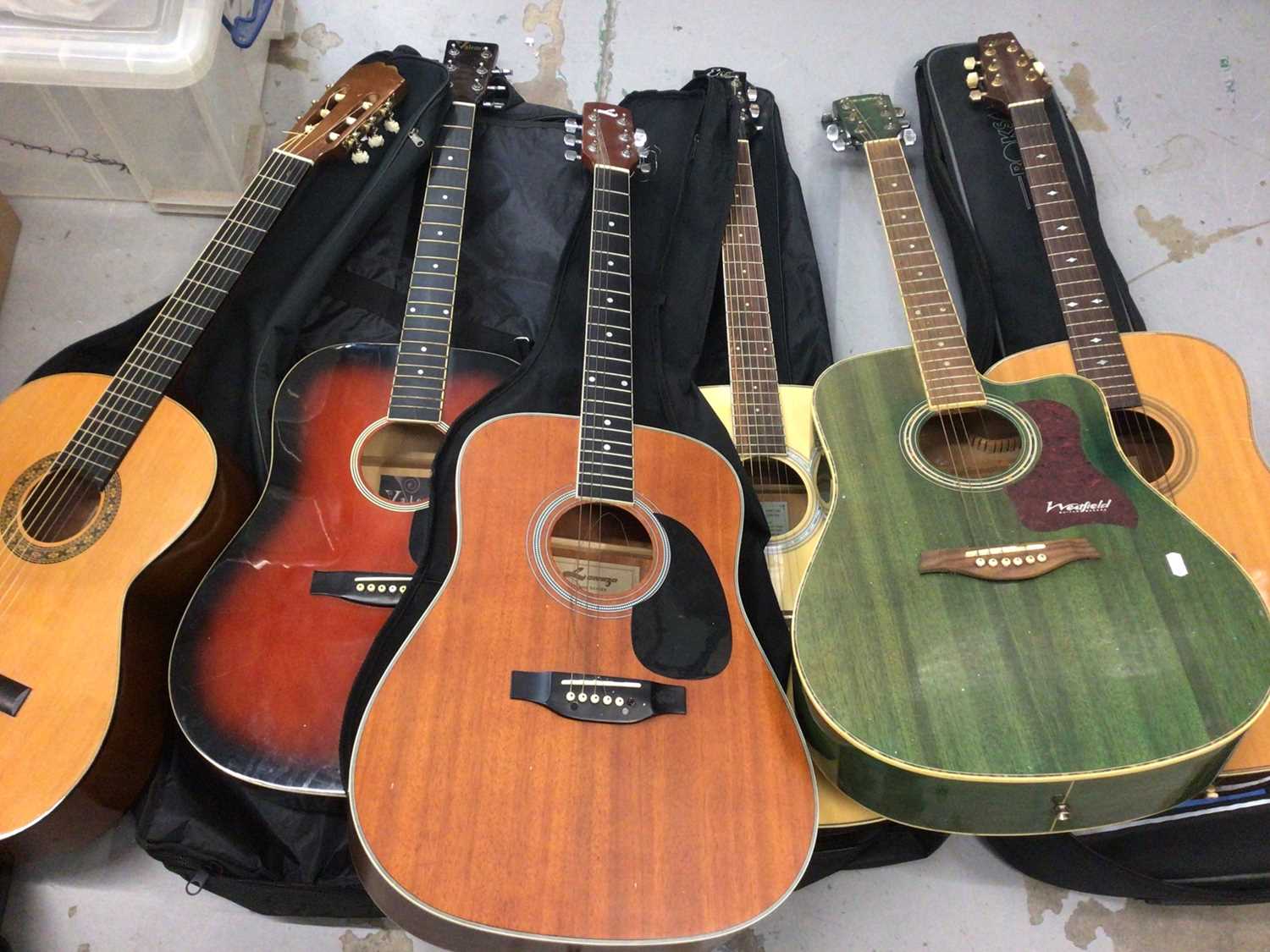 Lot 481 - Six acoustic guitars including Leonora, Aria, Eko, Westfield, Valencia and Lorenzo flame series
