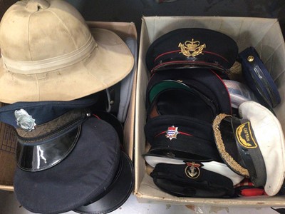 Lot 419 - Two boxes of military hats, helmets and others