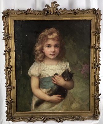 Lot 326 - Late 19th / early 20th century English school oil on canvas, a girl with her kitten, signed indistinctly, 61cm x 51cm, in ornate gilt frame