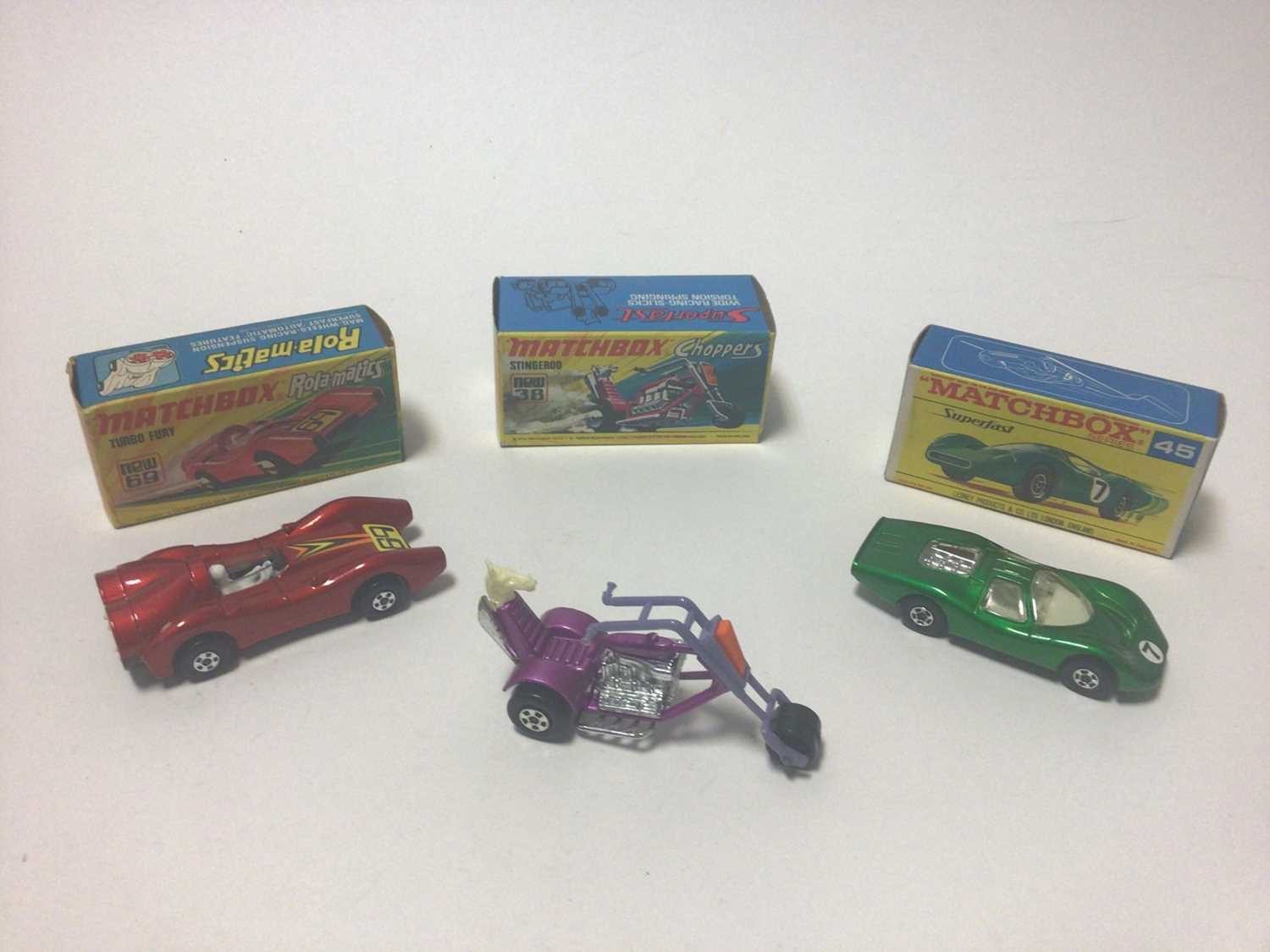 Lot 255 - Matchbox 1-75 series superfast models No.23 Volkswagen Camper, No.4 Stake Truck, No.44 Boss Mustang, No.57 Wild Life Truck, No.69 Turbo Fury, No.38 Stingeroo, No.45 Ford Group 6, all boxed (7)