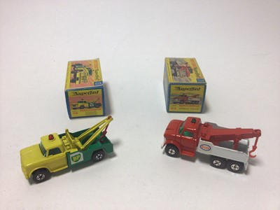 Lot 256 - Matchbox 1-75 Series Superfast models No.13 Dodge Wreck Truck, No.71 Wreck Truck, No.44 Boss Mustang, No.50 Kennel Truck, No.23 Volkswagen Camper, No.72 Standard Jeep, No.35 Merrywaether Fire Engin...