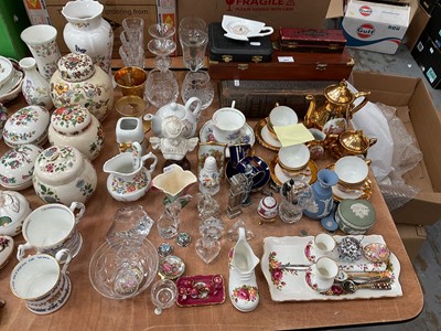 Lot 592 - Miscellaneous group of items to include china, glass, ornaments, Limoges, Wedgwood, Hohner Super Chromonica, writing set in box, Victorian bible