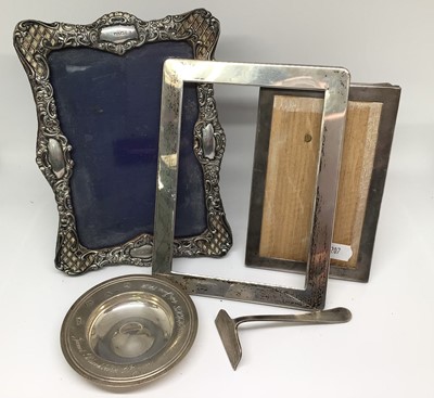 Lot 1055 - Three silver photograph frames, silver Armada dish and a silver pusher