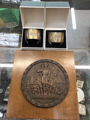 Lot 316 - 1933 Scouting Jamboree medallion, together with two silver napkin rings in cases