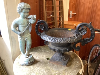 Lot 1453 - Victorian style cast iron urn and a verdigris brass angel figure (2)