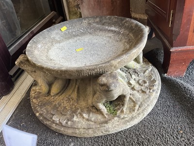 Lot 366 - Concrete garden bird bath, the shallow bowl with frog supports