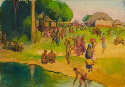 Lot 1293 - *Gerald Spencer Pryse (1882-1956) watercolour - Water carriers and bathers, 38.5cm x 54.5cm, inscribed verso 'No name', unframed