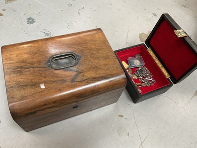 Lot 1128 - Wooden sewing box and jewllery box containing various bead necklaces, silver and 9ct gold signet ring