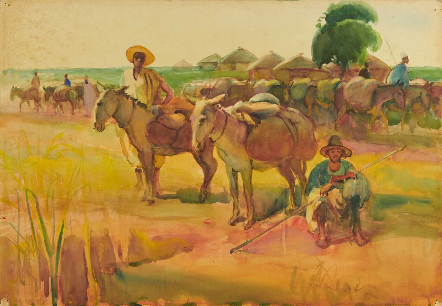 Lot 1288 - *Gerald Spencer Pryse (1882-1956) watercolour - Donkeys bringing in ground nuts, Katsina, 54cm x 77.5cm, titled verso, unframed