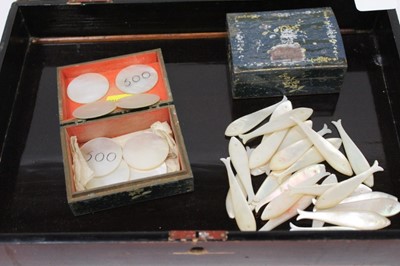 Lot 2519 - Collection of mother of pearl fish counters and circular counters contained in painted boxes, together with a Japanese lacquer box