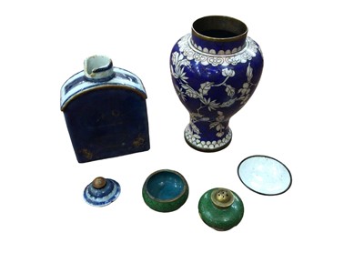 Lot 87 - 18th century Chinese blue and white tea caddy, rescued  together with a small group of cloisonné