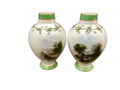 Lot 1143 - Pair of Royal Worcester vases, painted by Raymond Rushton with landscape scenes, foliate pattern to shoulder