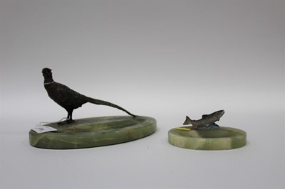 Lot 2518 - Two 1930s green onyx desk trays, one with a cold painted pheasant model the other with a salmon