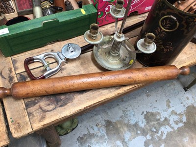Lot 37 - Antique oversized fruitwood rolling pin, shooting stick, bellows, toleware bucket and a brass candlestick