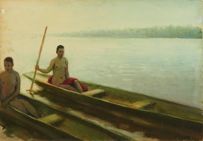 Lot 1286 - *Gerald Spencer Pryse (1882-1956) watercolour - Canoe girls, 54cm x 77.5cm, titled verso, unframed