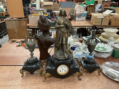 Lot 514 - Early 20th century French black slate clock garniture mounted with figure of Joan of Arc