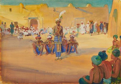 Lot 1285 - *Gerald Spencer Pryse (1882-1956) watercolour - Filani Dancers, Sarkin Katsina, 54cm x 77.5cm, titled verso, unframed