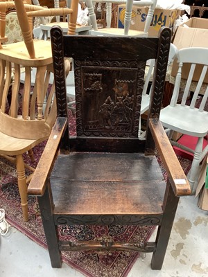 Lot 1455 - Antique oak chair with carved panel depicting King Richard I being discovered by Blondel in Austria.