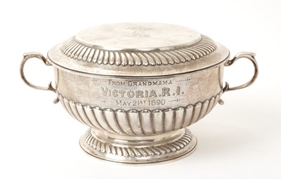 Lot 7 - H.M. Queen Victoria, silver presentation to handled porringer and cover with fluted decoration given by The Queen to her grandson His Serene Highness Prince Leopold of Battenberg ( later Lord Leopo...