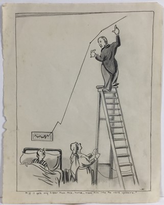 Lot 211 - 20th century English school pencil cartoon of a hospital "if it gets any higher than this, nurse, move him into the ward upstairs" dated 35.