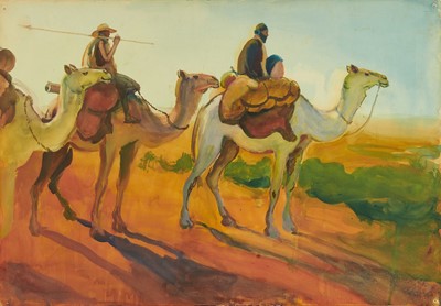 Lot 1284 - *Gerald Spencer Pryse (1882-1956) watercolour - Camels bringing groundnuts into Katsina, 54cm x 77.5cm, titled verso, unframed
