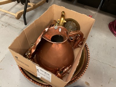 Lot 520 - Copper 2 gallon measure, together with other copper measures, two large circular copper and brass trays and other metal wares.