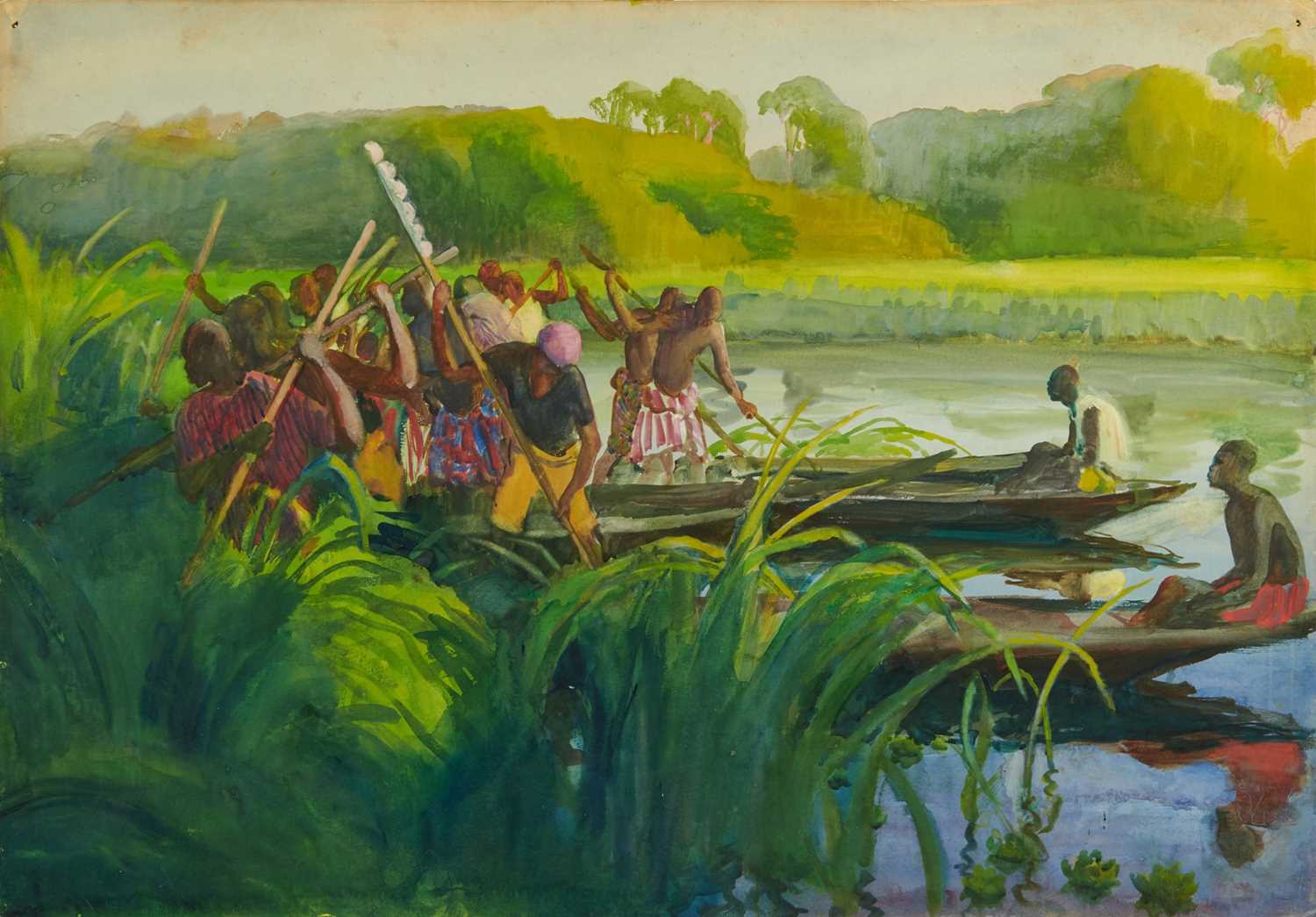 Lot 1283 - *Gerald Spencer Pryse (1882-1956) watercolour - Sudd Cutting, Oluwa River, 54cm x 77.5cm, titled verso, unframed