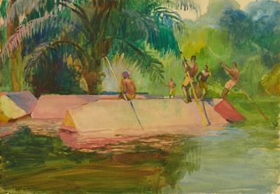 Lot 1282 - *Gerald Spencer Pryse (1882-1956) watercolour - Assembling logs for rafting, Oluwa River, 54cm x 77.5cm, titled verso, unframed