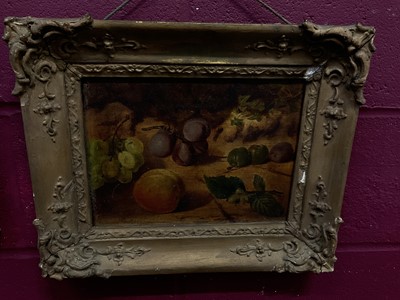 Lot 165 - English School, 19th century, oil on panel, still life of fruit on a mossy bank, 23 x 28cm, gilt frame