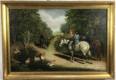 Lot 323 - John R Marshall, oil on canvas, a wooded landscape with elegant equestrian figures passing a duck pond, signed, in gilt frame, 49 x 75cm