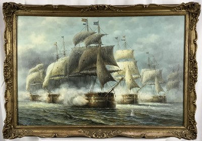 Lot 324 - James Hardy, contemporary, oil on canvas board - Naval Battle, signed, 50cm x 75cm, in gilt frame