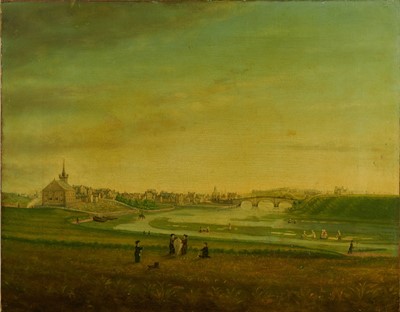 Lot 1189 - Scottish School, 18th century, oil on canvas - A Townscape, possibly Inverness, 59cm x 74cm, unframed