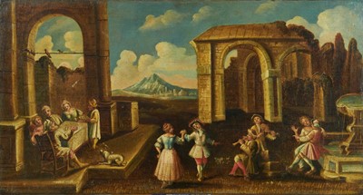 Lot 1168 - Italian School, 18th century, oil on canvas laid down onto panel - Revelry in a Classical Landscape, 50cm x 92cm, unframed