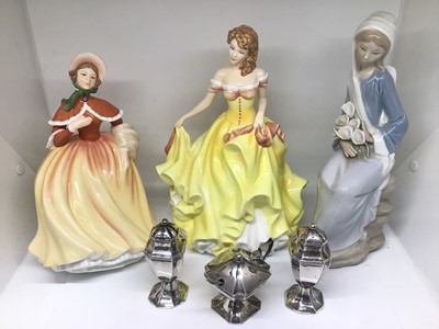 Lot 130 - Three piece silver cruet set, Lladro figure and two Doulton figures