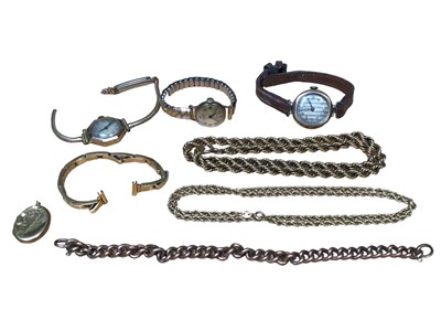 Lot 92 - Group of 9ct gold jewellery to include three wristwatches, locket, watch bracelet, two rope twist chains and a curb link chain