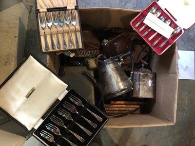 Lot 352 - Victorian silver plated tea set, silver plated items, cutlery and flatware, Kodak cameras and sundries